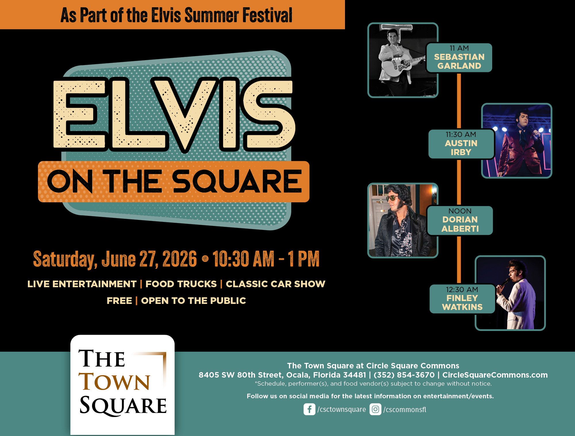Details for Elvis on the Square, June 27th at the Town Square, Ocala, Florida.